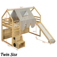 Bellemave® Full Size Loft Bed with Play House Shape, Loft Bed Frame with a Tent, Slide and a Ladder,Wooden Loft Bed House - Shaped Frame for Kids, Boys, Girls and Teens. (Natural+Beige) - Bellemave