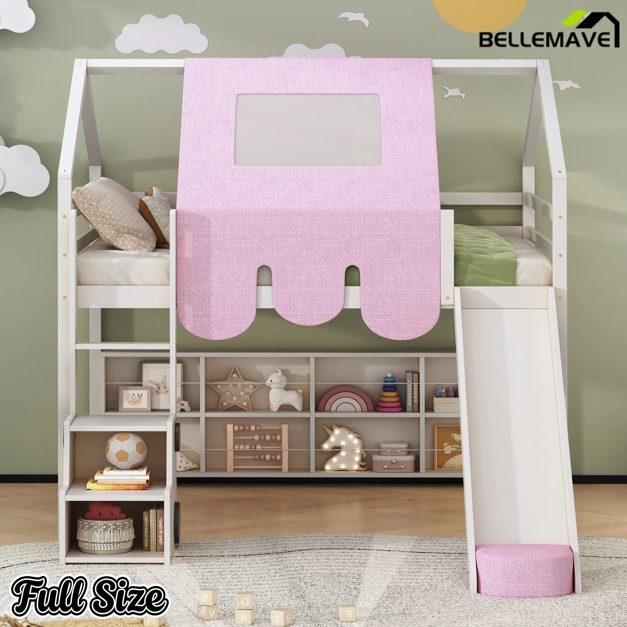 Bellemave® Full Size Loft Bed with Play House Shape, Loft Bed Frame with a Tent, Slide and a Ladder,Wooden Loft Bed House - Shaped Frame for Kids, Boys, Girls and Teens. (Natural+Beige) - Bellemave
