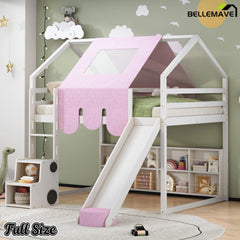 Bellemave® Full Size Loft Bed with Play House Shape, Loft Bed Frame with a Tent, Slide and a Ladder,Wooden Loft Bed House - Shaped Frame for Kids, Boys, Girls and Teens. (Natural+Beige) - Bellemave