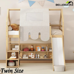 Bellemave® Full Size Loft Bed with Play House Shape, Loft Bed Frame with a Tent, Slide and a Ladder,Wooden Loft Bed House - Shaped Frame for Kids, Boys, Girls and Teens. (Natural+Beige) - Bellemave