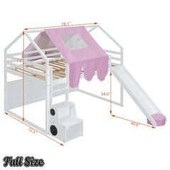 Bellemave® Full Size Loft Bed with Play House Shape, Loft Bed Frame with a Tent, Slide and a Ladder,Wooden Loft Bed House - Shaped Frame for Kids, Boys, Girls and Teens. (Natural+Beige) - Bellemave