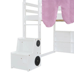 Bellemave® Full Size Loft Bed with Play House Shape, Loft Bed Frame with a Tent, Slide and a Ladder,Wooden Loft Bed House - Shaped Frame for Kids, Boys, Girls and Teens. (Natural+Beige) - Bellemave