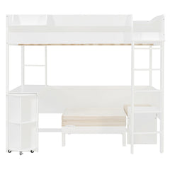 Bellemave® Full Size Loft Bed with Rotating L - Shaped Desk & Mobile Bookshelf, Convertible Sofa Lounge & LED Lights - Bellemave