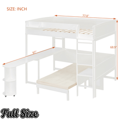Bellemave® Full Size Loft Bed with Rotating L - Shaped Desk & Mobile Bookshelf, Convertible Sofa Lounge & LED Lights - Bellemave