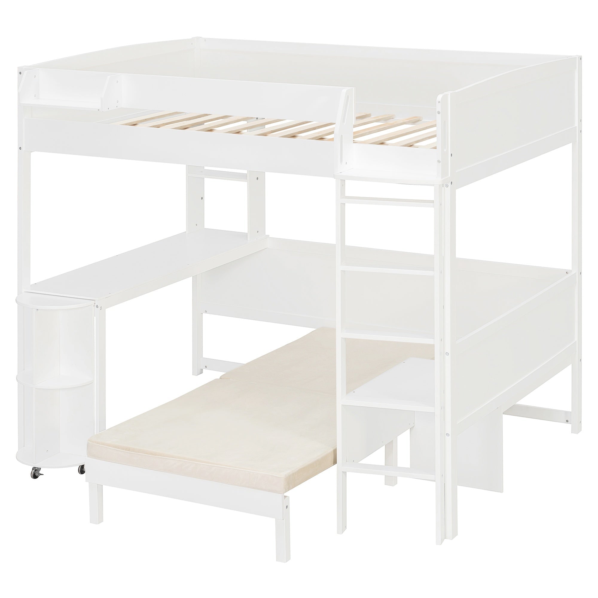 Bellemave® Full Size Loft Bed with Rotating L - Shaped Desk & Mobile Bookshelf, Convertible Sofa Lounge & LED Lights - Bellemave