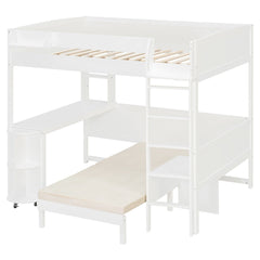 Bellemave® Full Size Loft Bed with Rotating L - Shaped Desk & Mobile Bookshelf, Convertible Sofa Lounge & LED Lights - Bellemave