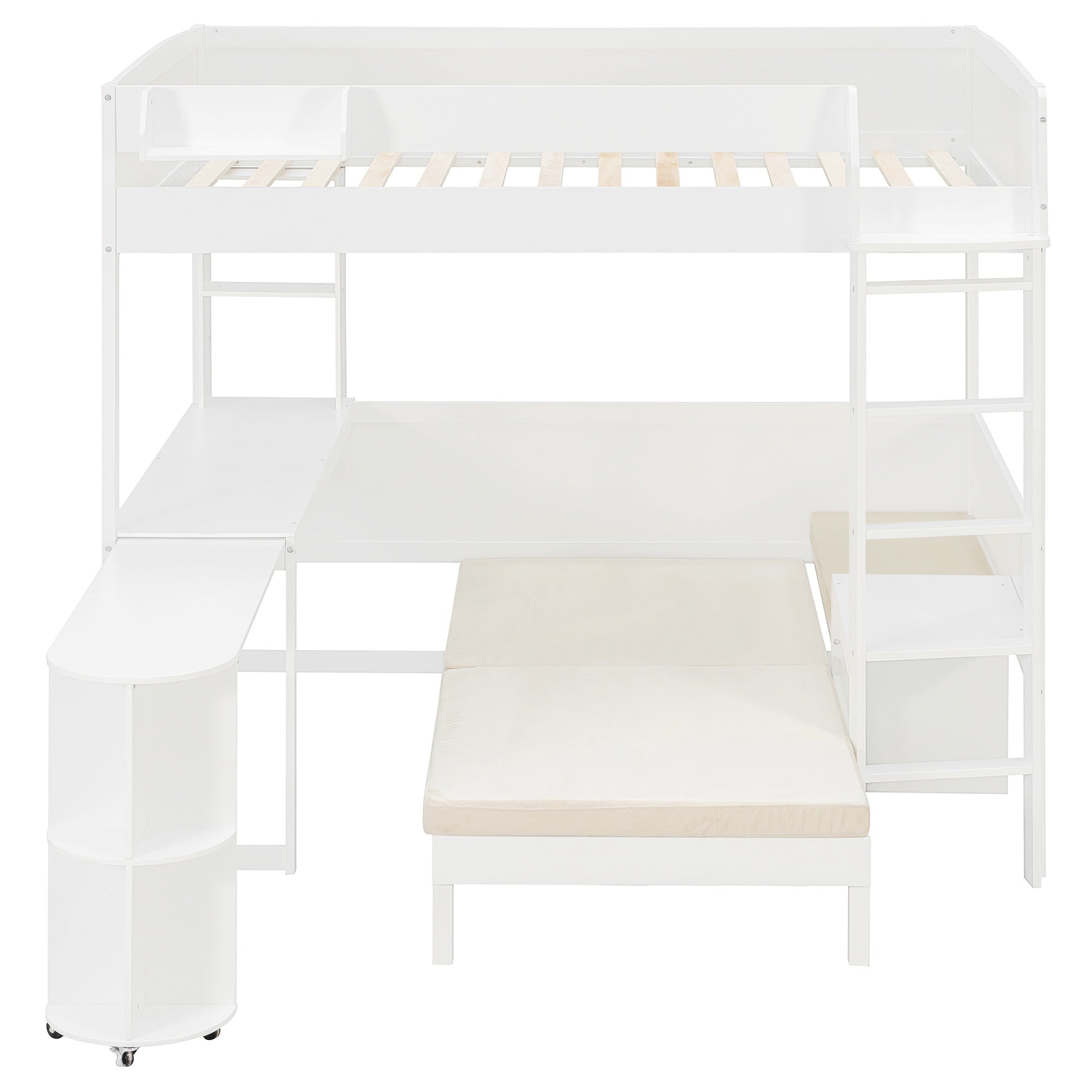 Bellemave® Full Size Loft Bed with Rotating L - Shaped Desk & Mobile Bookshelf, Convertible Sofa Lounge & LED Lights - Bellemave