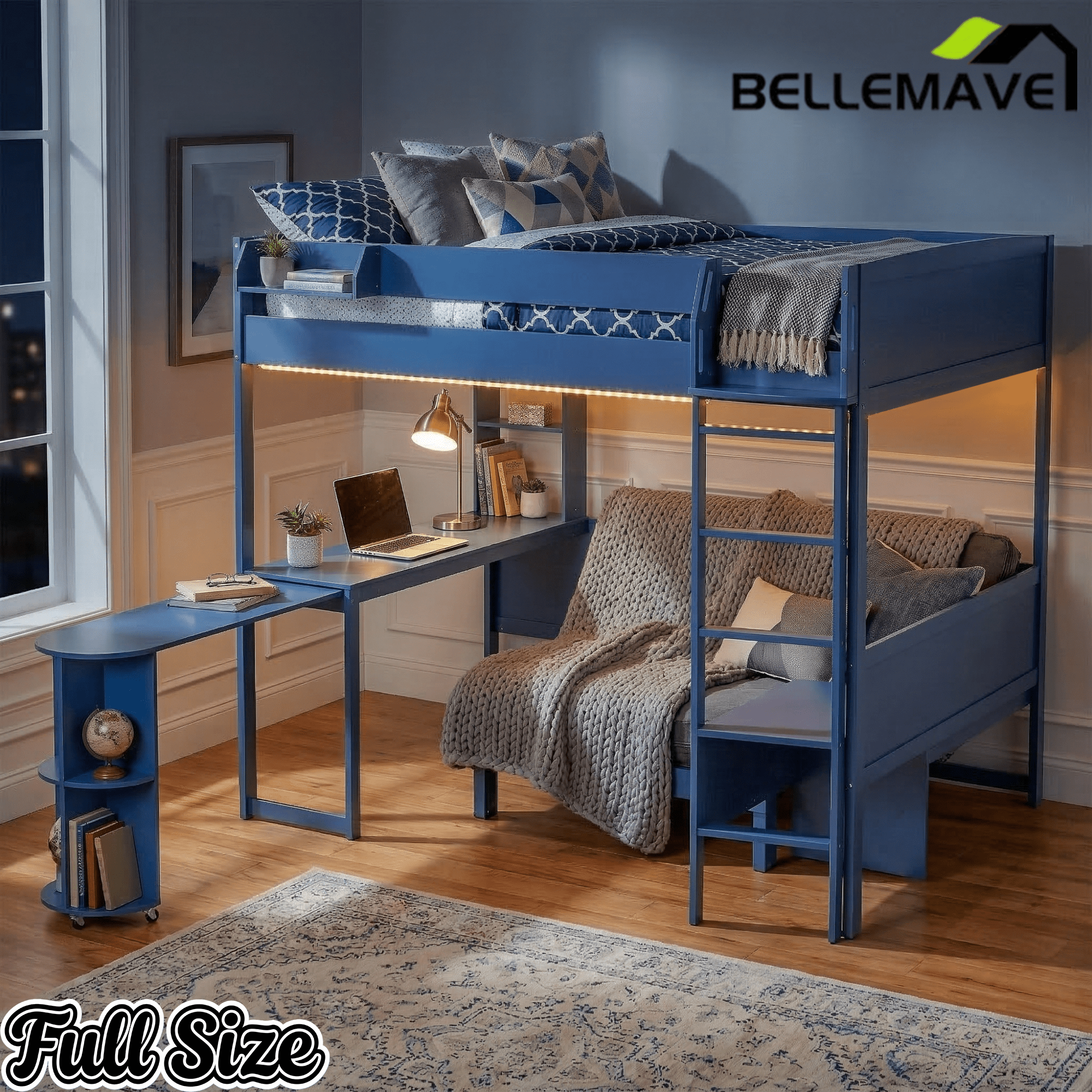 Bellemave® Full Size Loft Bed with Rotating L - Shaped Desk & Mobile Bookshelf, Convertible Sofa Lounge & LED Lights - Bellemave