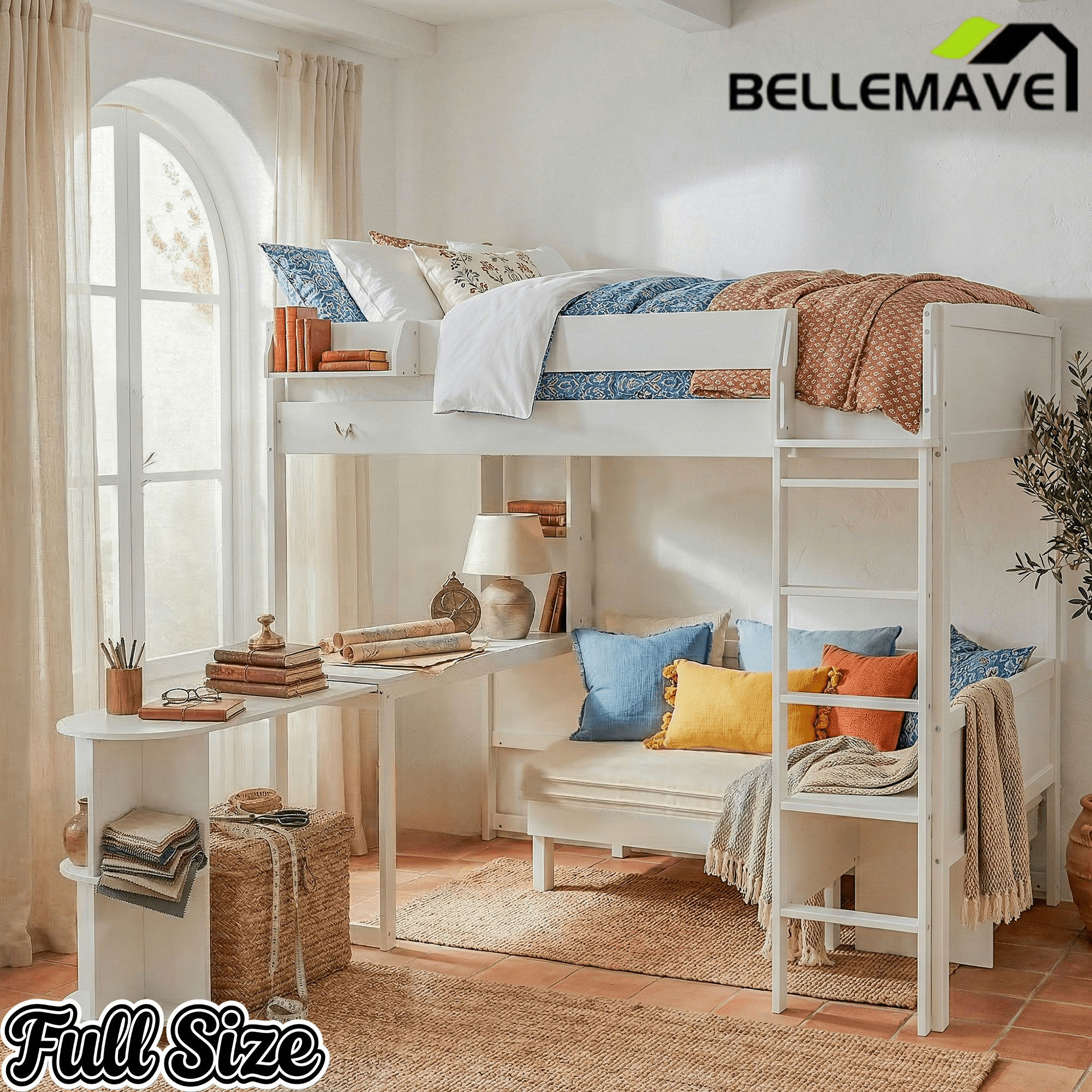 Bellemave® Full Size Loft Bed with Rotating L - Shaped Desk & Mobile Bookshelf, Convertible Sofa Lounge & LED Lights - Bellemave