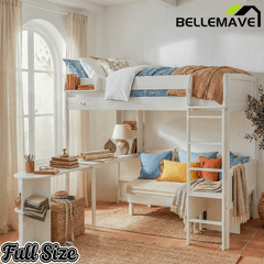 Bellemave® Full Size Loft Bed with Rotating L - Shaped Desk & Mobile Bookshelf, Convertible Sofa Lounge & LED Lights - Bellemave