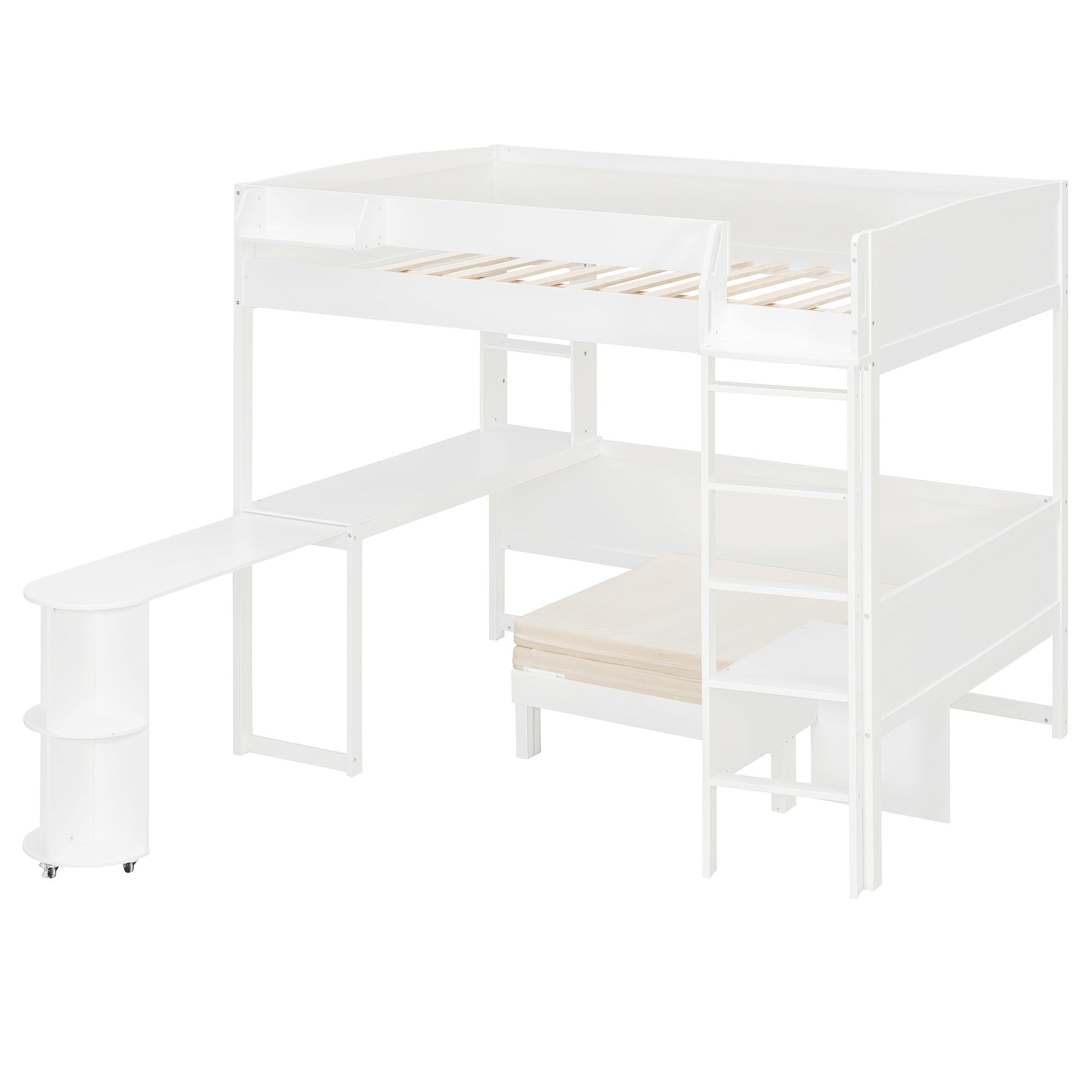 Bellemave® Full Size Loft Bed with Rotating L - Shaped Desk & Mobile Bookshelf, Convertible Sofa Lounge & LED Lights - Bellemave