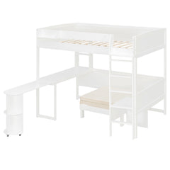 Bellemave® Full Size Loft Bed with Rotating L - Shaped Desk & Mobile Bookshelf, Convertible Sofa Lounge & LED Lights - Bellemave