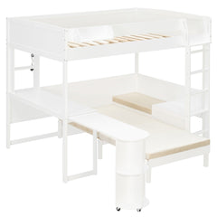 Bellemave® Full Size Loft Bed with Rotating L - Shaped Desk & Mobile Bookshelf, Convertible Sofa Lounge & LED Lights - Bellemave