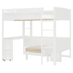 Bellemave® Full Size Loft Bed with Rotating L - Shaped Desk & Mobile Bookshelf, Convertible Sofa Lounge & LED Lights - Bellemave