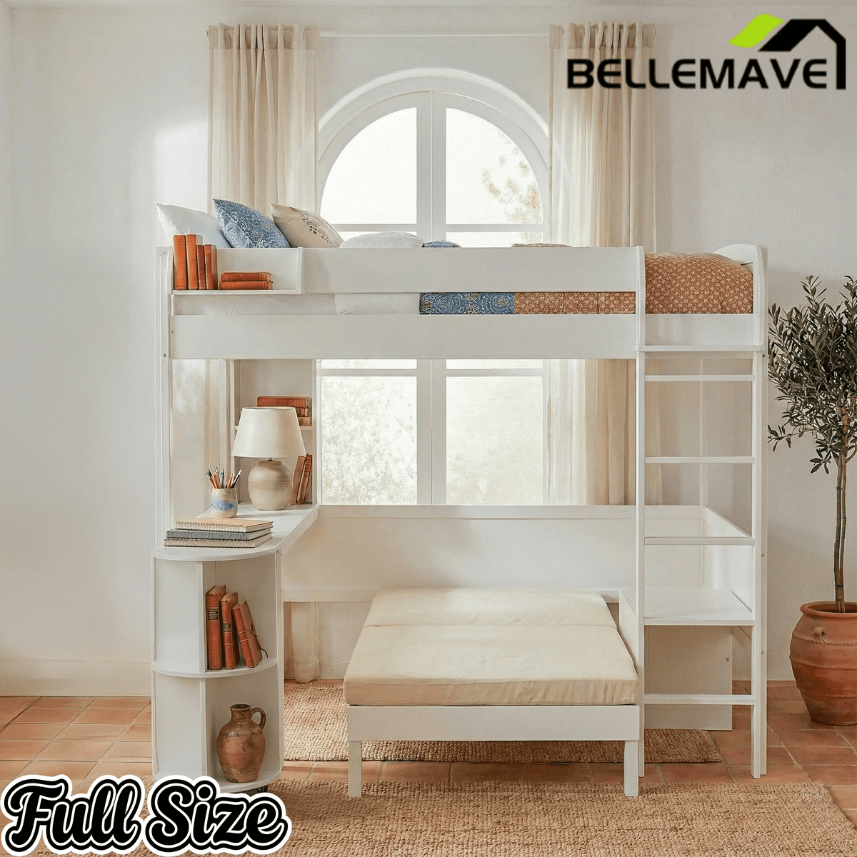 Bellemave® Full Size Loft Bed with Rotating L - Shaped Desk & Mobile Bookshelf, Convertible Sofa Lounge & LED Lights - Bellemave
