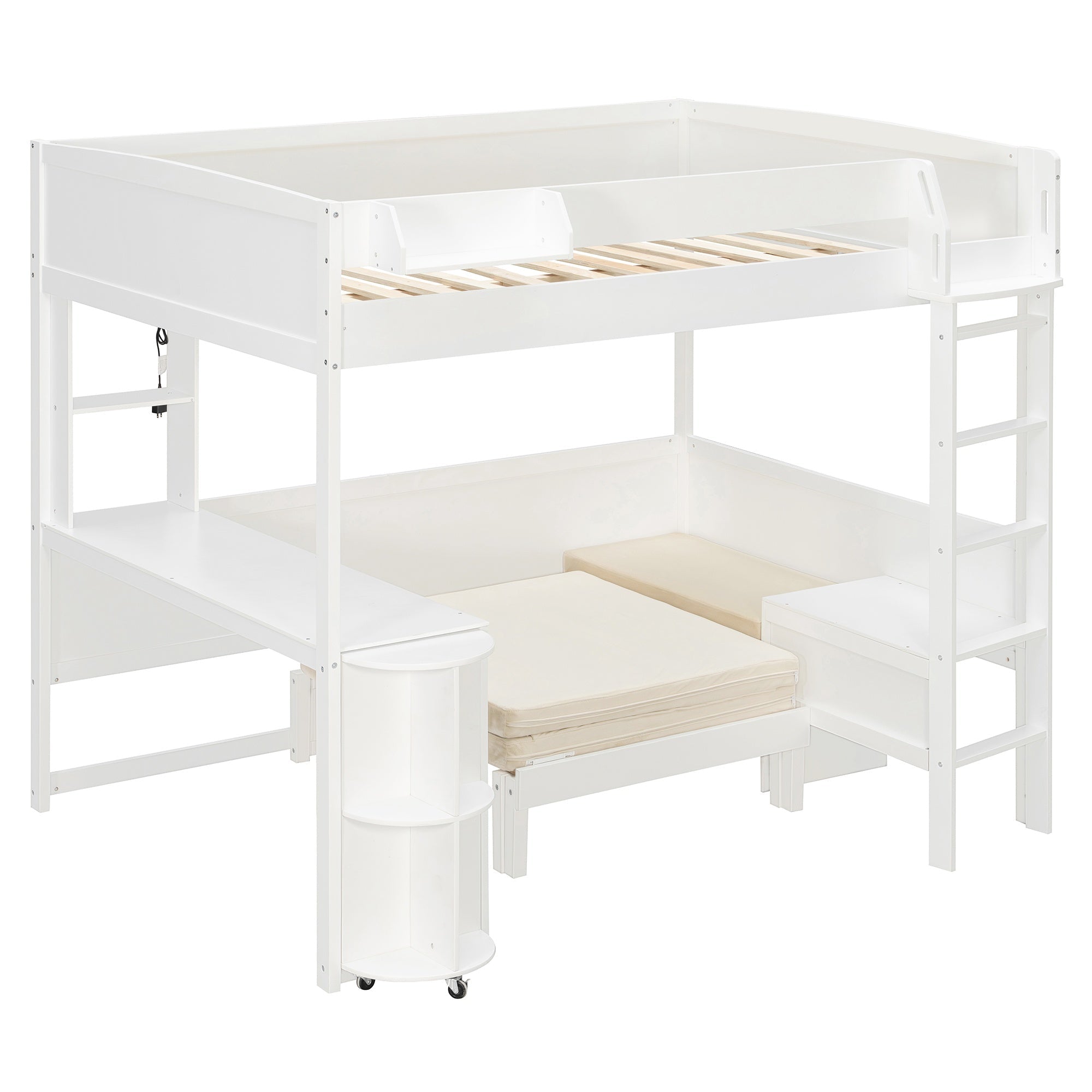 Bellemave® Full Size Loft Bed with Rotating L - Shaped Desk & Mobile Bookshelf, Convertible Sofa Lounge & LED Lights - Bellemave
