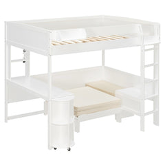 Bellemave® Full Size Loft Bed with Rotating L - Shaped Desk & Mobile Bookshelf, Convertible Sofa Lounge & LED Lights - Bellemave