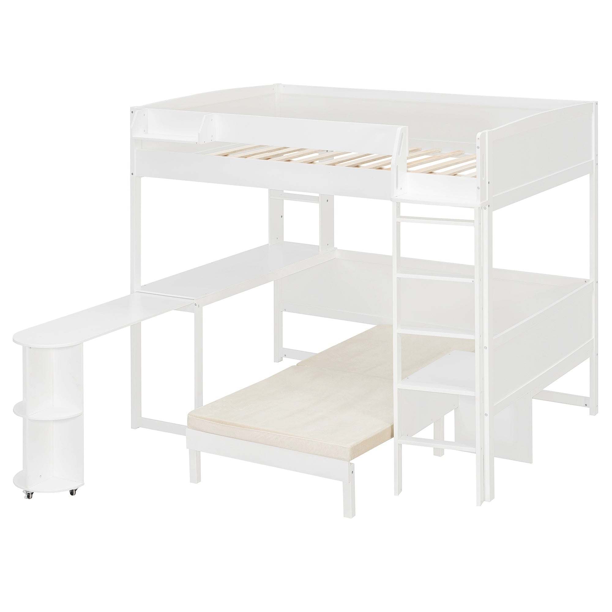 Bellemave® Full Size Loft Bed with Rotating L - Shaped Desk & Mobile Bookshelf, Convertible Sofa Lounge & LED Lights - Bellemave