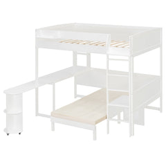Bellemave® Full Size Loft Bed with Rotating L - Shaped Desk & Mobile Bookshelf, Convertible Sofa Lounge & LED Lights - Bellemave