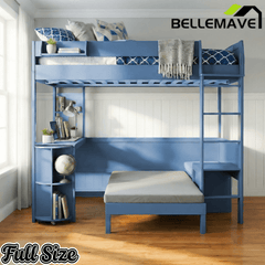 Bellemave® Full Size Loft Bed with Rotating L - Shaped Desk & Mobile Bookshelf, Convertible Sofa Lounge & LED Lights - Bellemave