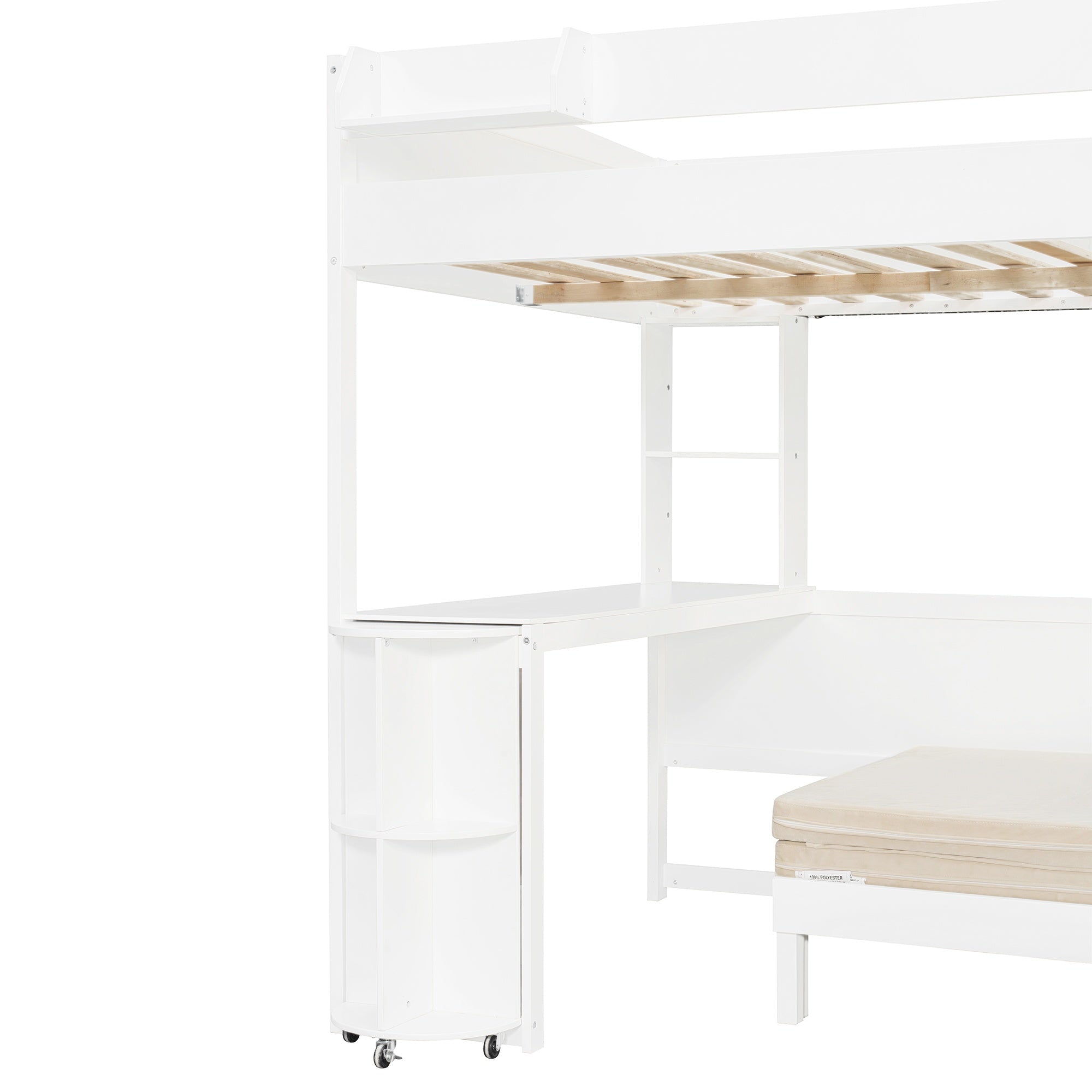 Bellemave® Full Size Loft Bed with Rotating L - Shaped Desk & Mobile Bookshelf, Convertible Sofa Lounge & LED Lights - Bellemave