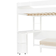 Bellemave® Full Size Loft Bed with Rotating L - Shaped Desk & Mobile Bookshelf, Convertible Sofa Lounge & LED Lights - Bellemave