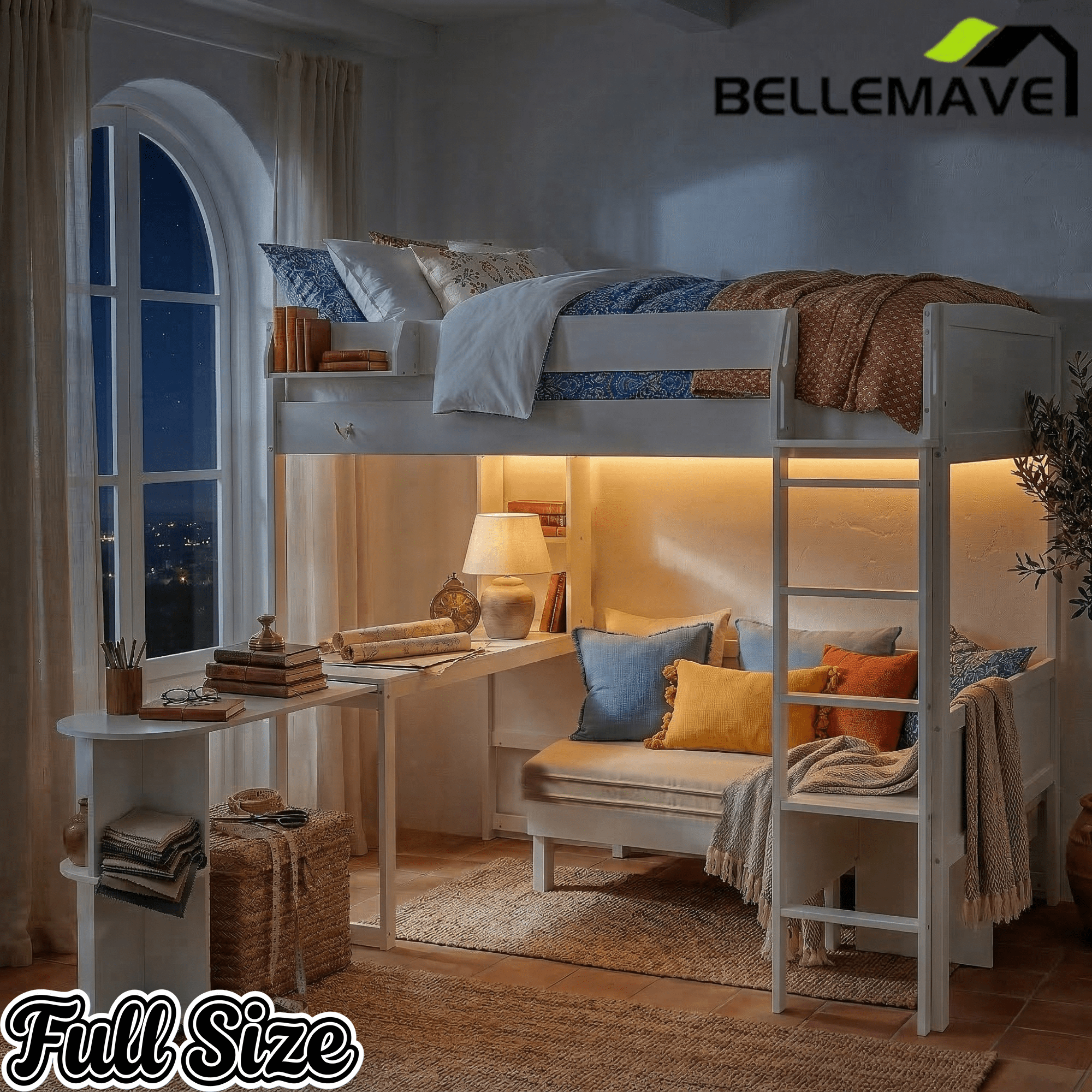 Bellemave® Full Size Loft Bed with Rotating L - Shaped Desk & Mobile Bookshelf, Convertible Sofa Lounge & LED Lights - Bellemave
