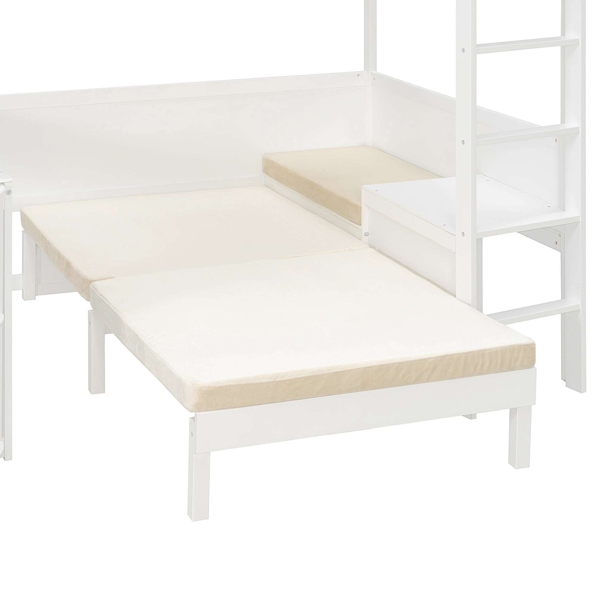 Bellemave® Full Size Loft Bed with Rotating L - Shaped Desk & Mobile Bookshelf, Convertible Sofa Lounge & LED Lights - Bellemave