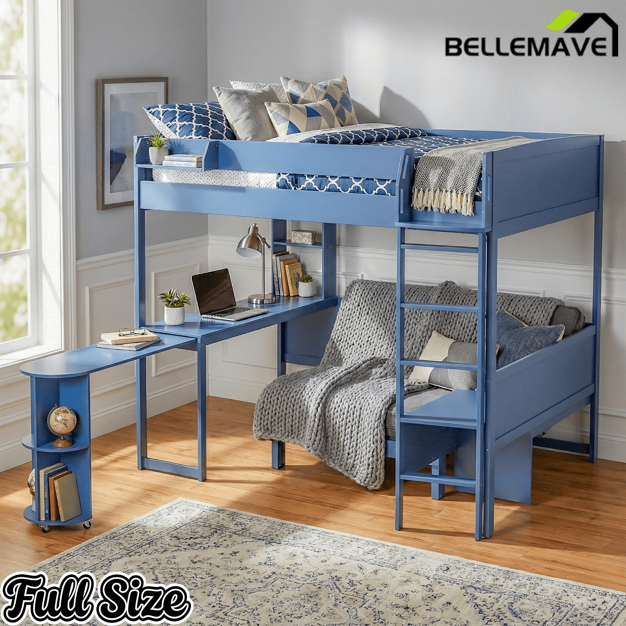 Bellemave® Full Size Loft Bed with Rotating L - Shaped Desk & Mobile Bookshelf, Convertible Sofa Lounge & LED Lights - Bellemave