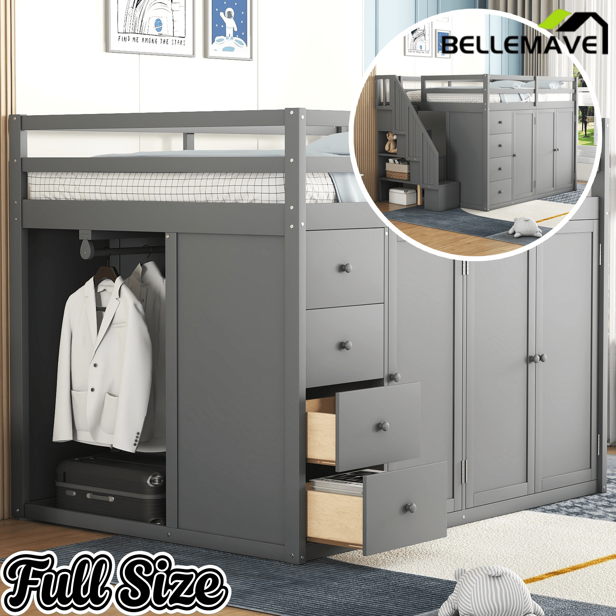 Bellemave® Full Size Loft Bed with Stairs and Storage - Bellemave
