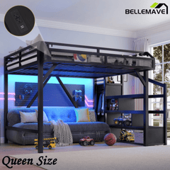 Bellemave® Full Size Loft Bed with Stairs and Wardrobe, Full Size Loft Bed with Charging Station, Lights and Bedside Shelf - Bellemave