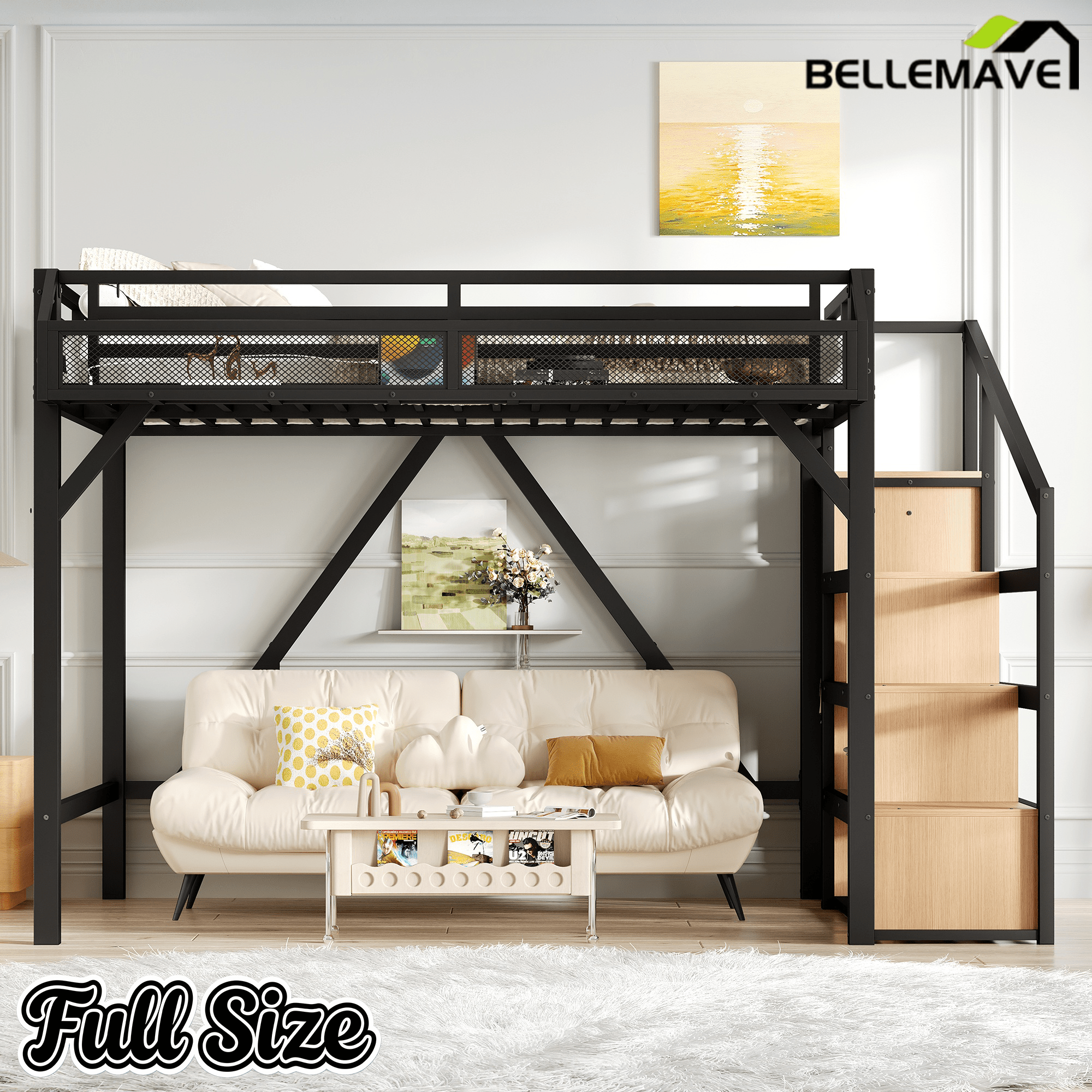 Bellemave® Full Size Loft Bed with Stairs and Wardrobe, Full Size Loft Bed with Charging Station, Lights and Bedside Shelf - Bellemave
