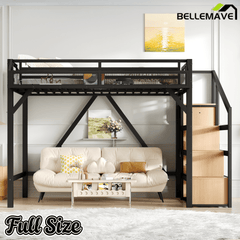 Bellemave® Full Size Loft Bed with Stairs and Wardrobe, Full Size Loft Bed with Charging Station, Lights and Bedside Shelf - Bellemave