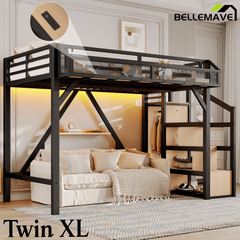 Bellemave® Full Size Loft Bed with Stairs and Wardrobe, Full Size Loft Bed with Charging Station, Lights and Bedside Shelf - Bellemave