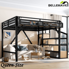 Bellemave® Full Size Loft Bed with Stairs and Wardrobe, Full Size Loft Bed with Charging Station, Lights and Bedside Shelf - Bellemave