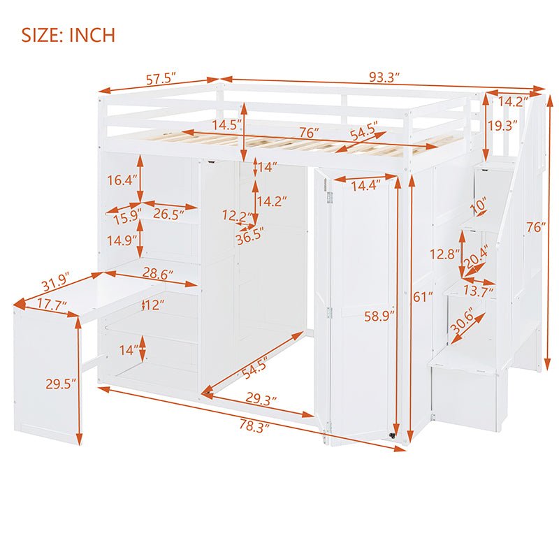 Bellemave® Full Size Loft Bed with Wardrobe,Desk and Shelves - Bellemave