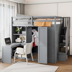 Bellemave® Full Size Loft Bed with Wardrobe,Desk and Shelves - Bellemave