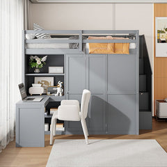 Bellemave® Full Size Loft Bed with Wardrobe,Desk and Shelves - Bellemave