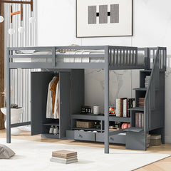 Bellemave® Full Size Loft Bed with Wardrobe,Low Storage Table and Storage Staircase - Bellemave
