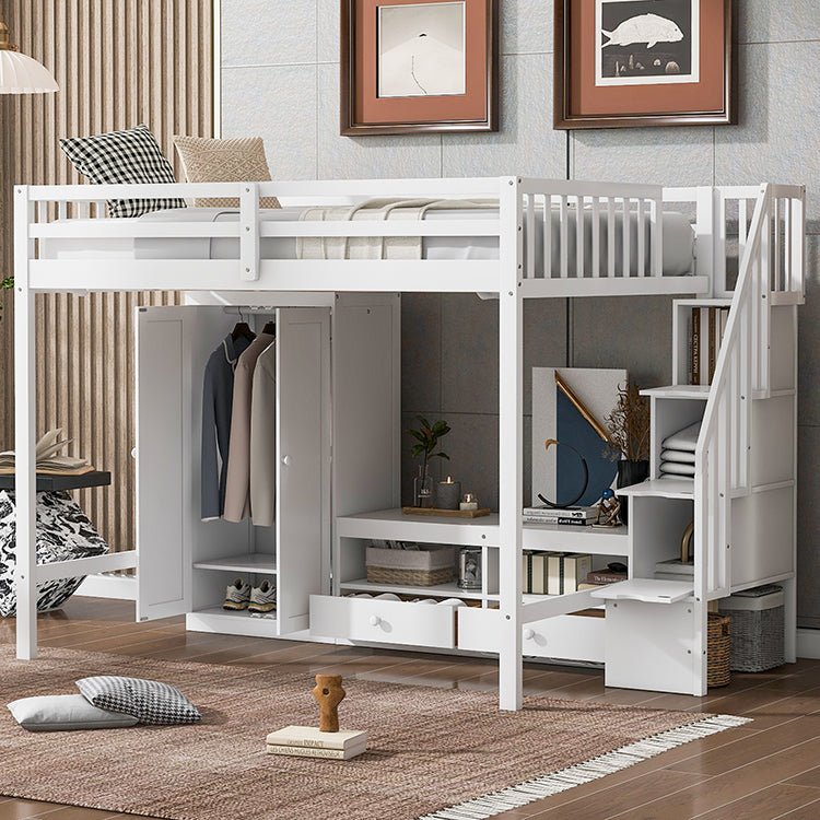 Bellemave® Full Size Loft Bed with Wardrobe,Low Storage Table and Storage Staircase - Bellemave