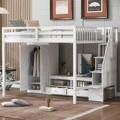 Bellemave® Full Size Loft Bed with Wardrobe,Low Storage Table and Storage Staircase - Bellemave
