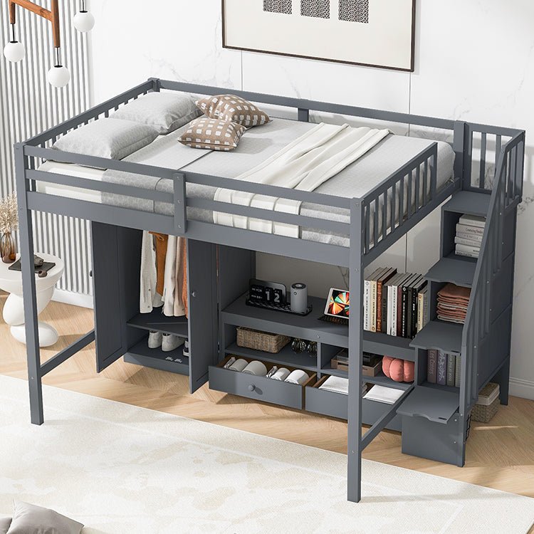 Bellemave® Full Size Loft Bed with Wardrobe,Low Storage Table and Storage Staircase - Bellemave