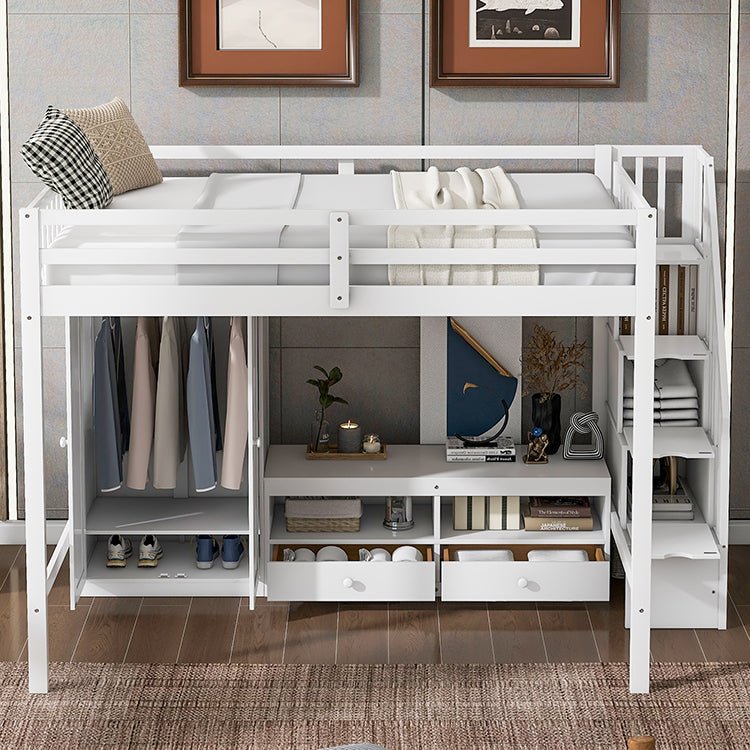 Bellemave® Full Size Loft Bed with Wardrobe,Low Storage Table and Storage Staircase - Bellemave