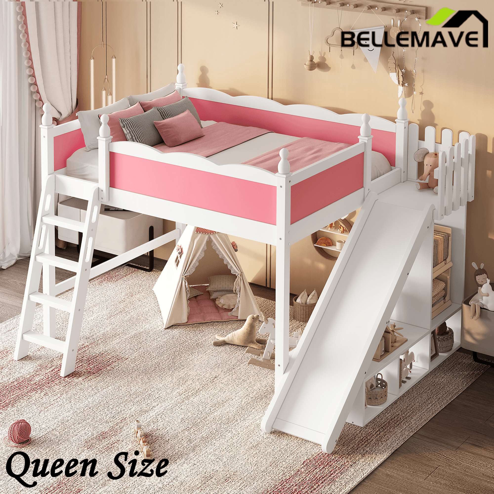 Bellemave® Full Size Loft Beds with Slide and Storage,Wooden Loft Bed Frame with Cabinet and Shelves,Princess Full Bed for Teens Bedroom Dormitory,Natural - Bellemave