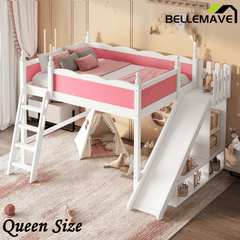 Bellemave® Full Size Loft Beds with Slide and Storage,Wooden Loft Bed Frame with Cabinet and Shelves,Princess Full Bed for Teens Bedroom Dormitory,Natural - Bellemave