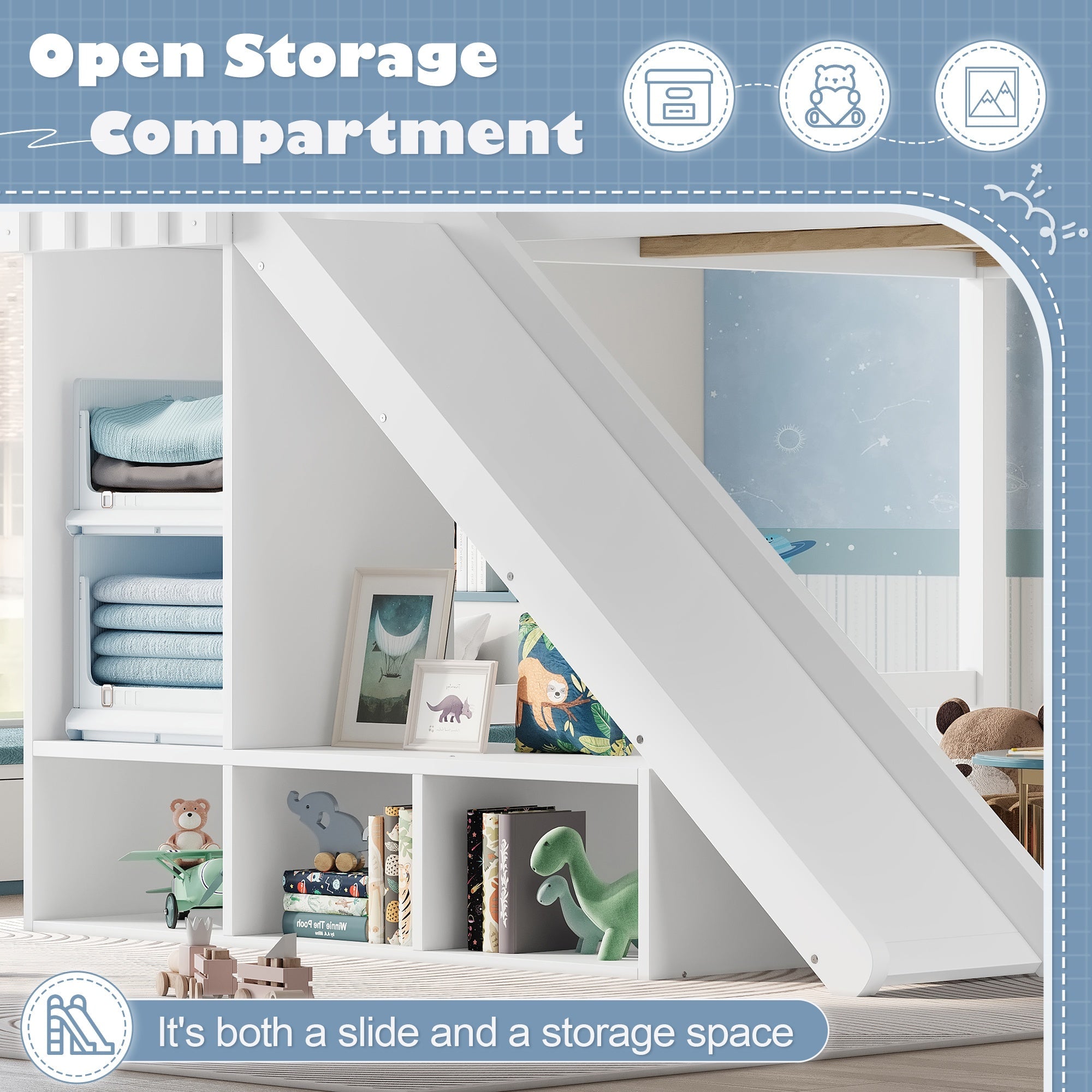 Bellemave® Full Size Loft Beds with Slide and Storage,Wooden Loft Bed Frame with Cabinet and Shelves,Princess Full Bed for Teens Bedroom Dormitory,Natural - Bellemave