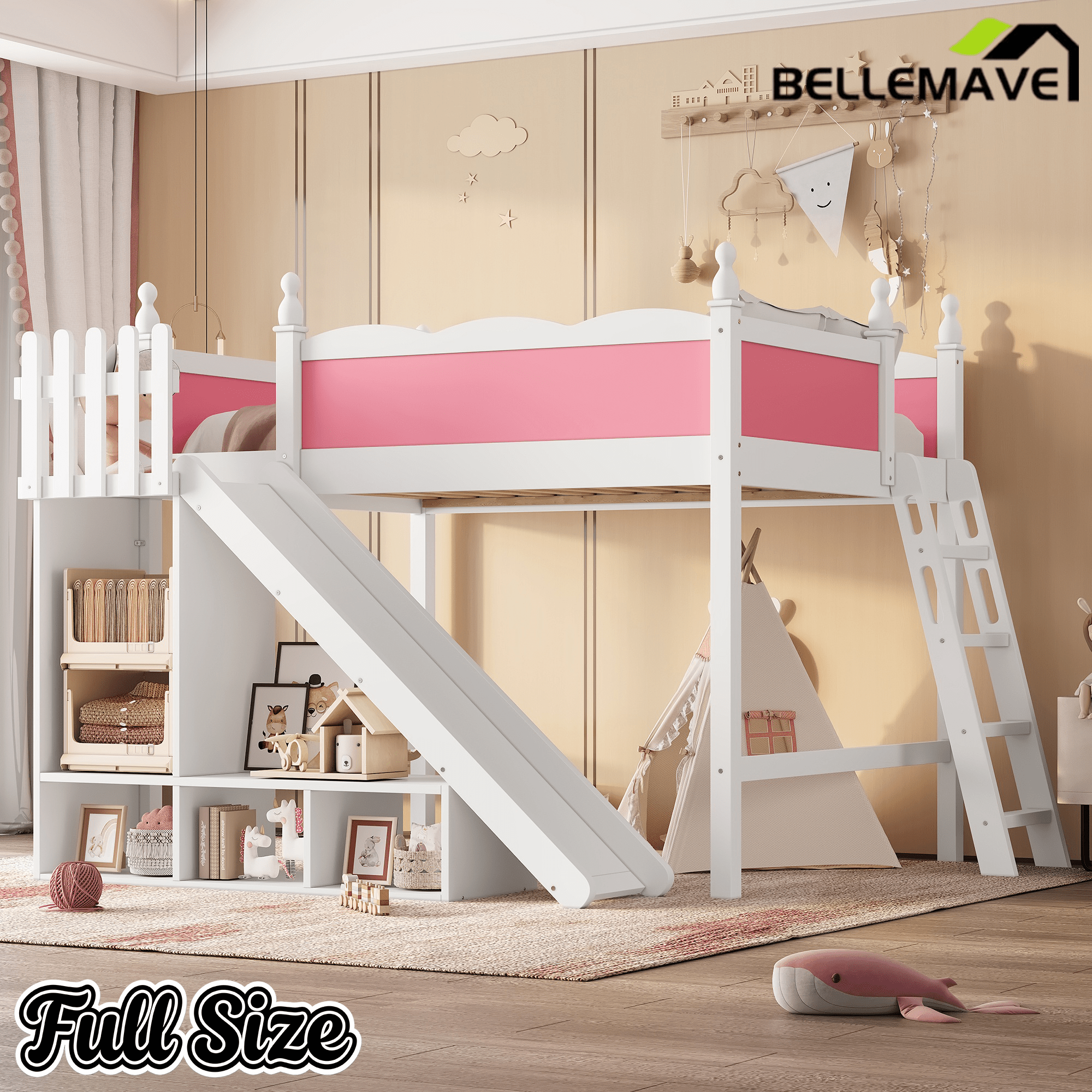 Bellemave® Full Size Loft Beds with Slide and Storage,Wooden Loft Bed Frame with Cabinet and Shelves,Princess Full Bed for Teens Bedroom Dormitory,Natural - Bellemave