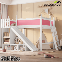 Bellemave® Full Size Loft Beds with Slide and Storage,Wooden Loft Bed Frame with Cabinet and Shelves,Princess Full Bed for Teens Bedroom Dormitory,Natural - Bellemave