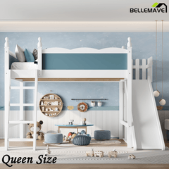 Bellemave® Full Size Loft Beds with Slide and Storage,Wooden Loft Bed Frame with Cabinet and Shelves,Princess Full Bed for Teens Bedroom Dormitory,Natural - Bellemave