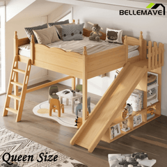 Bellemave® Full Size Loft Beds with Slide and Storage,Wooden Loft Bed Frame with Cabinet and Shelves,Princess Full Bed for Teens Bedroom Dormitory,Natural - Bellemave
